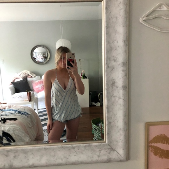 blue and white striped wrap/cross, low back tank - Picture 2 of 4